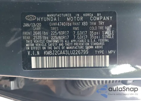 2020 Hyundai Tucson Se z USA, uszkodzony, nr VIN KM8J2CA43LU226799